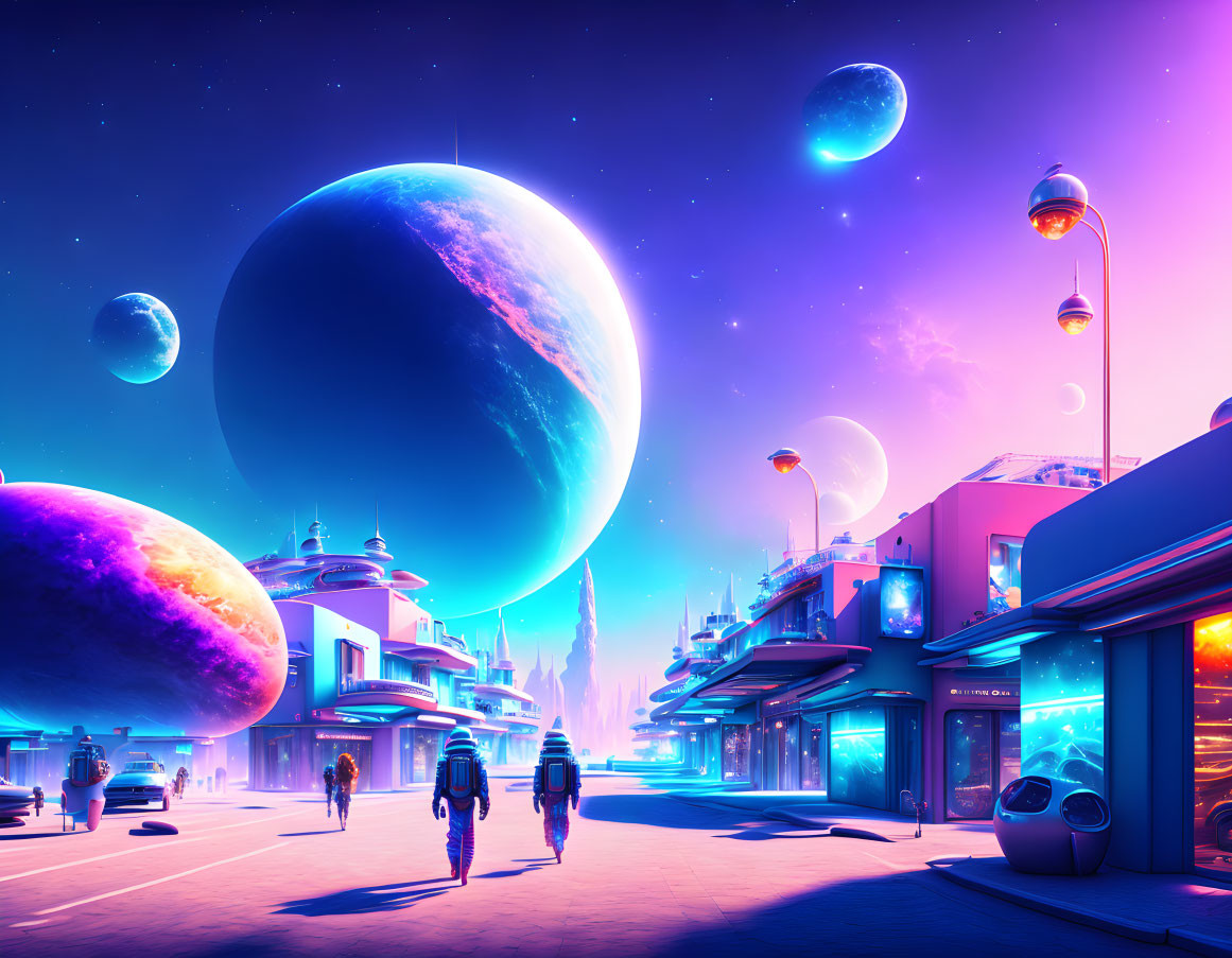 Futuristic sci-fi cityscape at twilight with pedestrians, neon signs, and oversized planets.