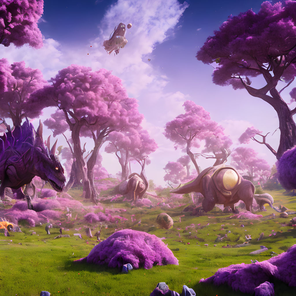 Fantasy landscape with purple foliage, dragon-like creatures, and floating rocks in pink sky