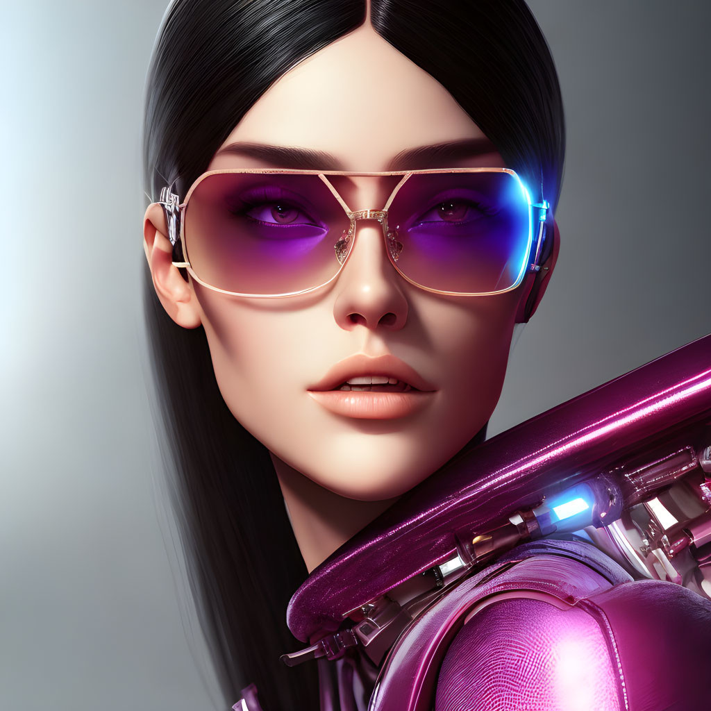Digital artwork: Woman with black hair, purple glasses, metallic purple outfit