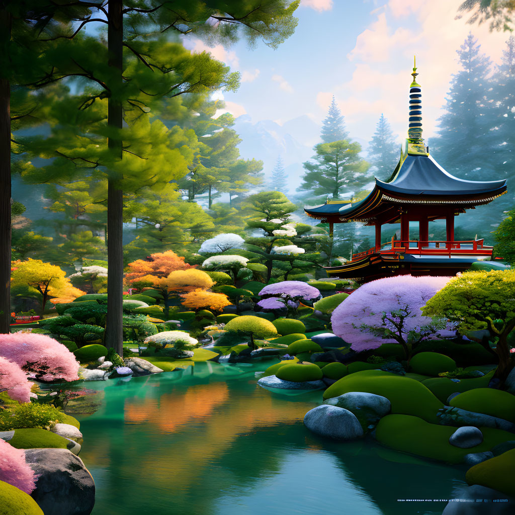 Tranquil Japanese garden with pond, bridges, and pagoda in soft sunlight