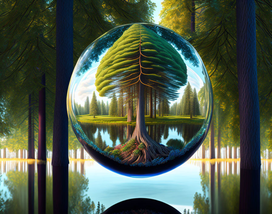 Majestic tree in transparent sphere with serene water and lush symmetrical forest