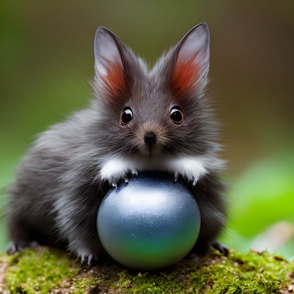 Fluffy creature with pointy ears holding blue sphere on mossy surface