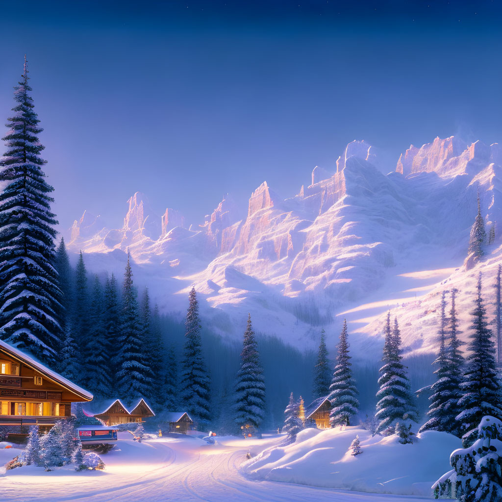 Snow-covered chalet, trees, and mountains in twilight scene