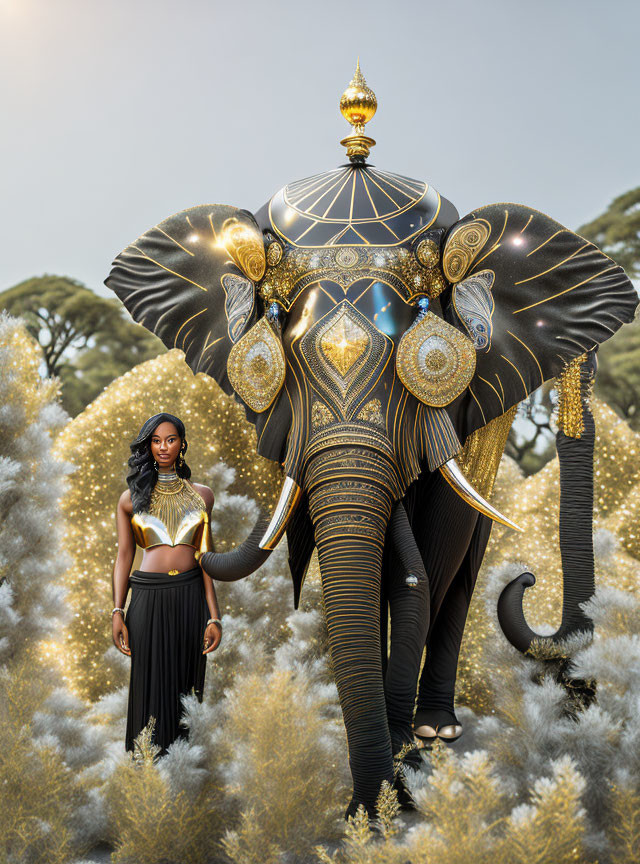 Elegant woman with decorated elephant in festive setting
