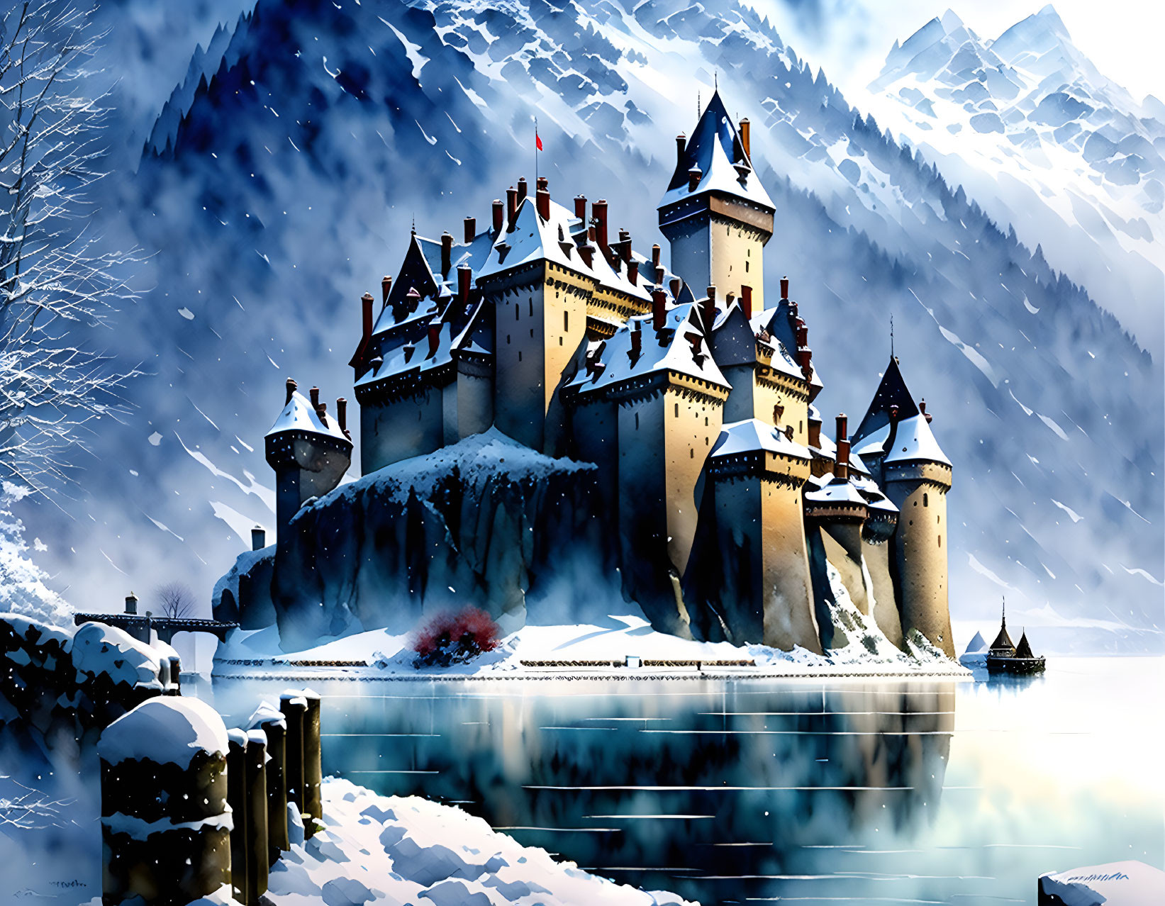 Snow-covered castle by tranquil lake and mountains under falling snowflakes
