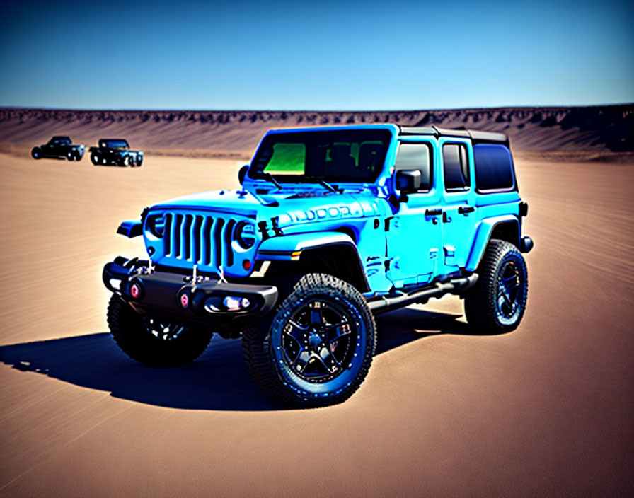 Blue Jeep Wrangler with off-road tires in desert landscape