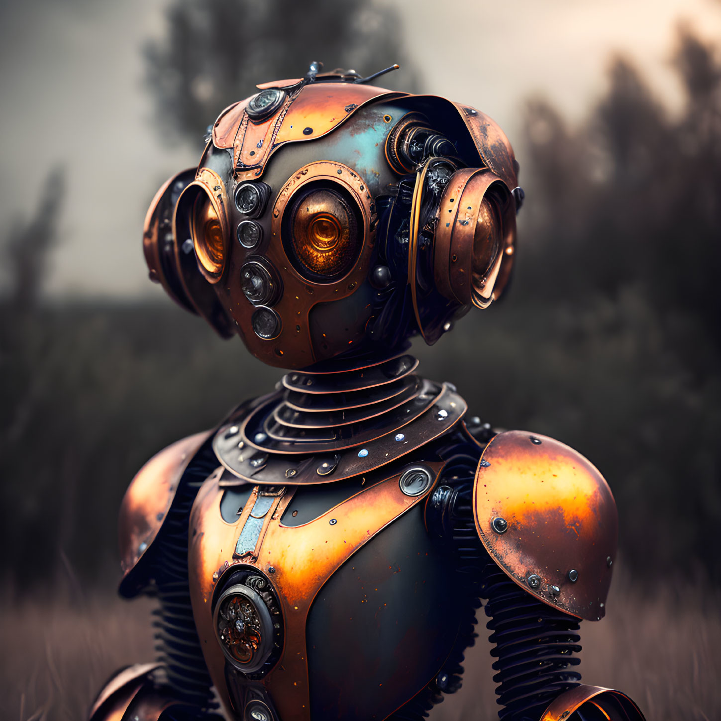 Steampunk-style robot with spherical head and multiple ocular lenses in misty outdoor setting