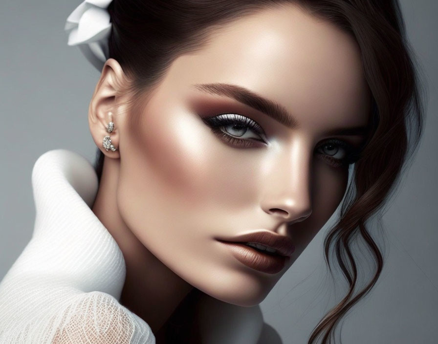 Woman with smoky eye makeup and dark lipstick in white outfit with flower and earring.