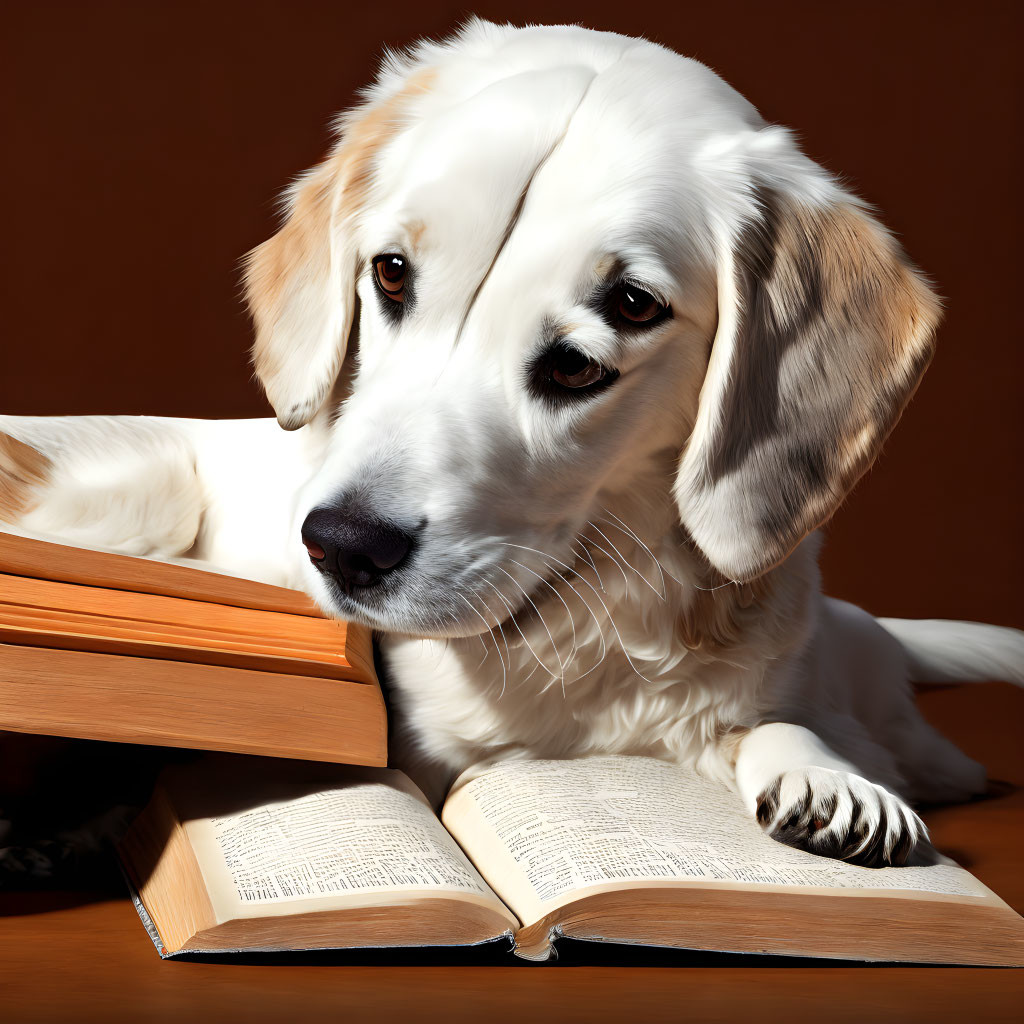 Contemplative golden retriever dog sitting at table with open book