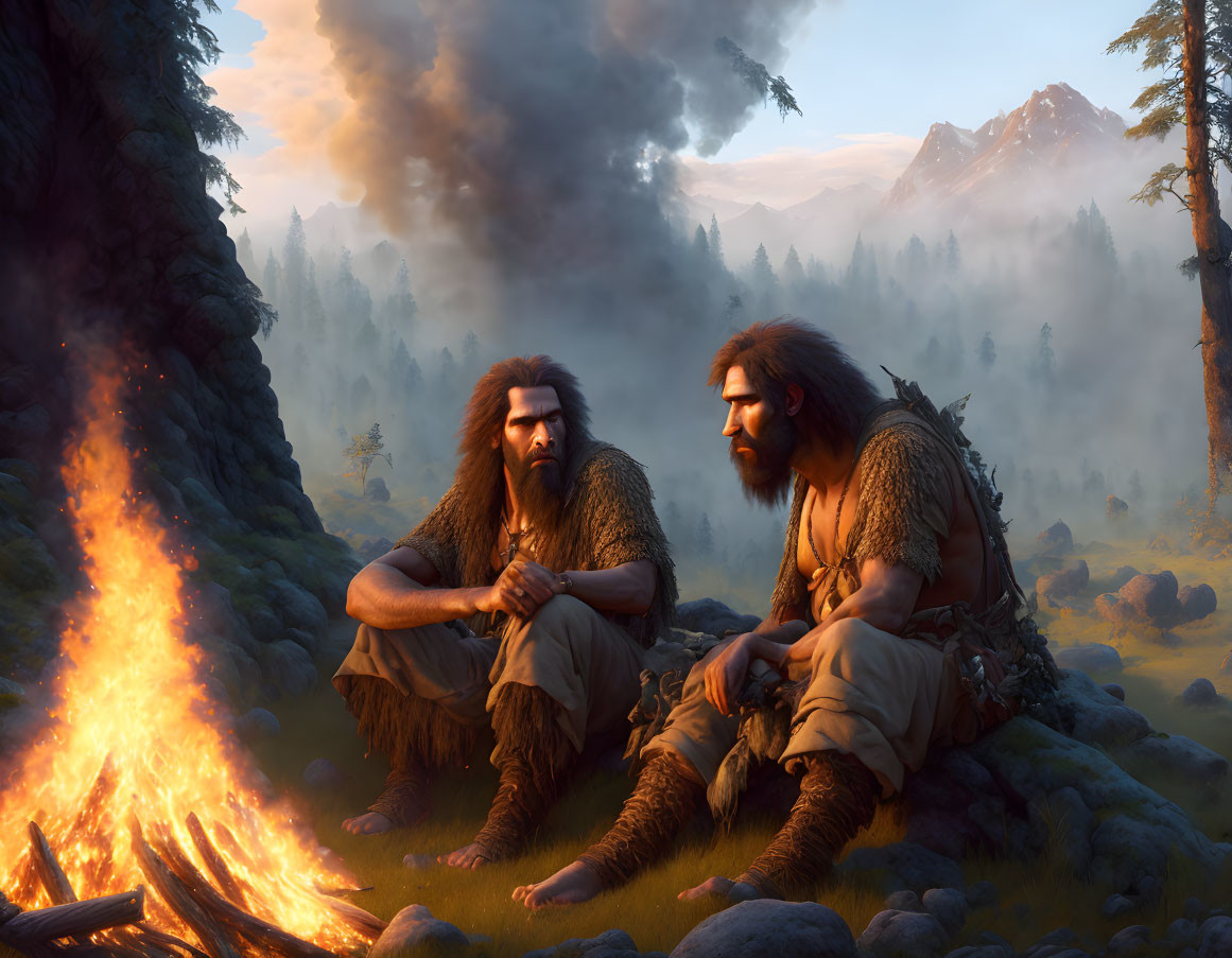 Prehistoric men in fur clothing by campfire in forest at dusk