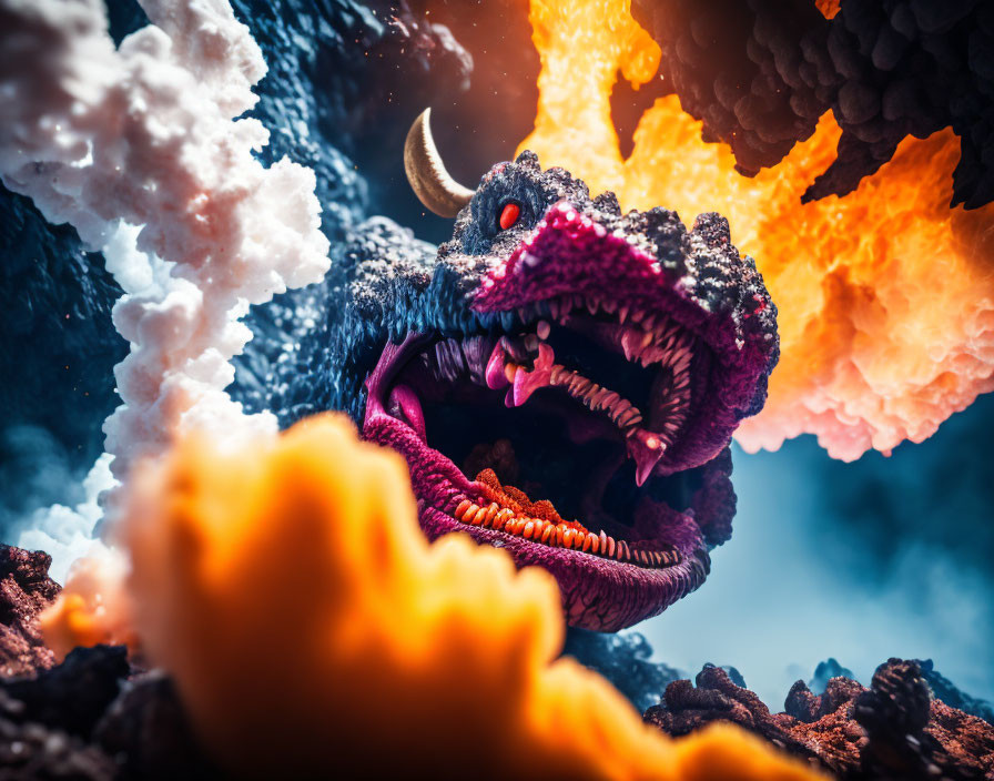 Fantasy monster with horns in fiery scene against stormy sky