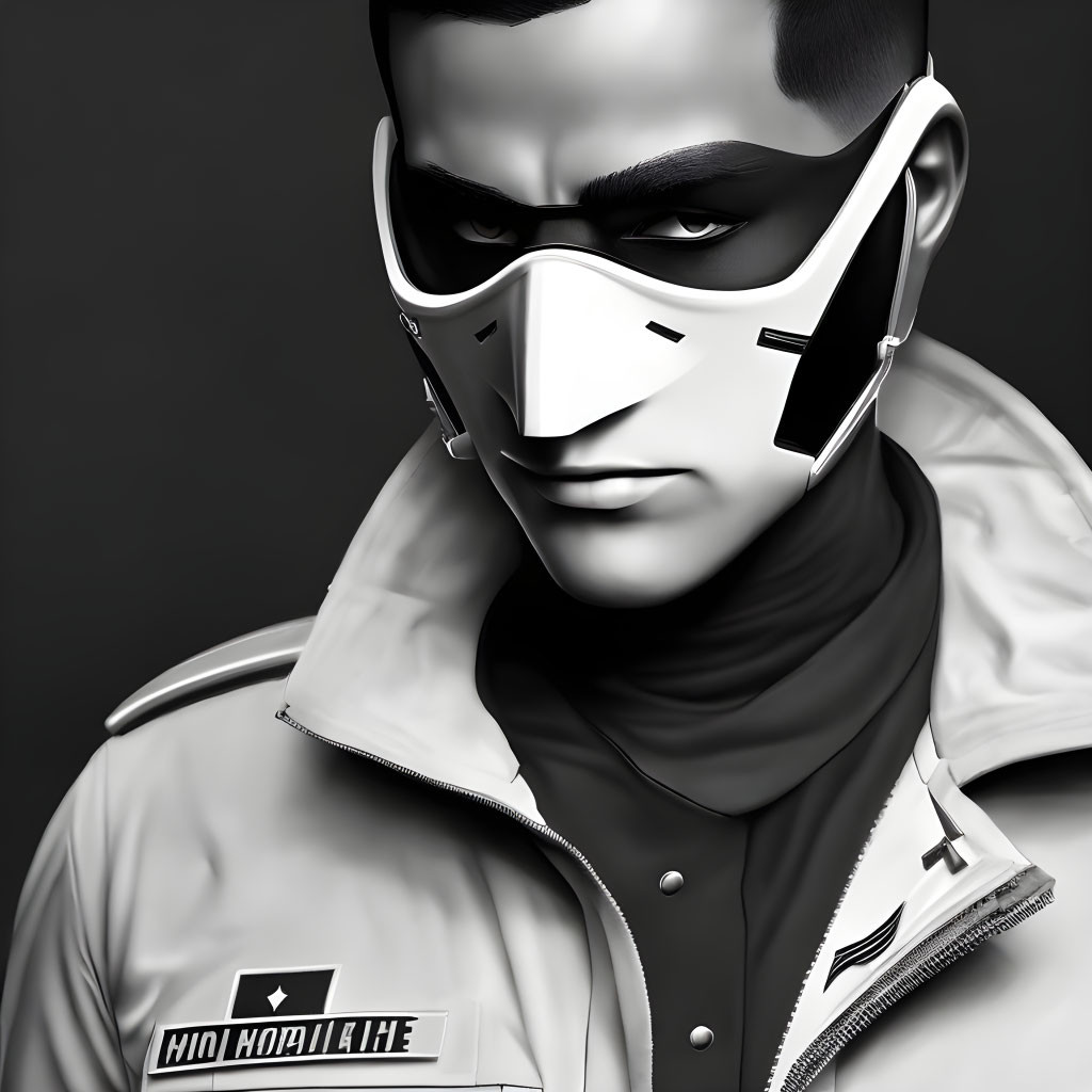 Geometric white mask on man in bomber jacket portrait