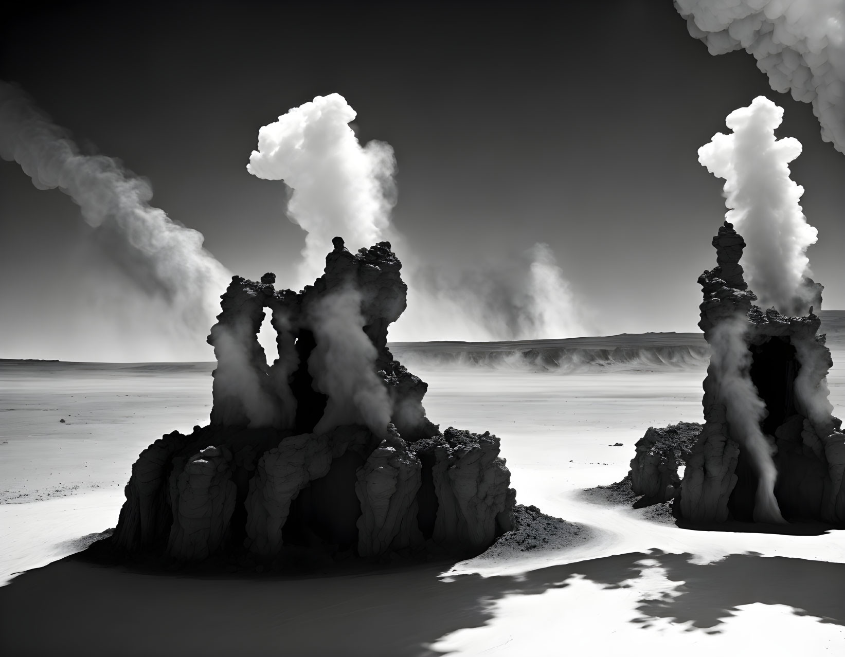 Dramatic monochrome desert landscape with smoke plumes and rock formations