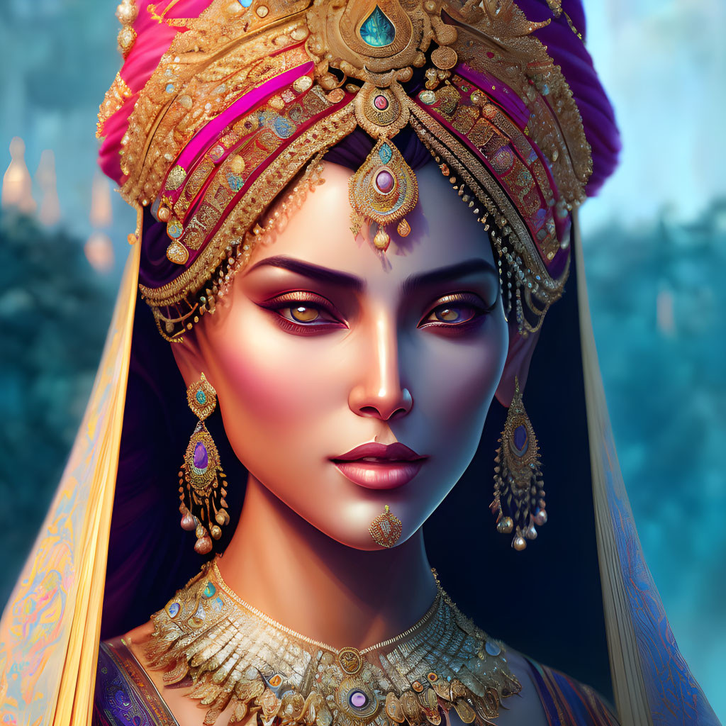 Digital artwork of woman in royal Indian attire with gold jewelry and detailed headpiece against ethereal backdrop