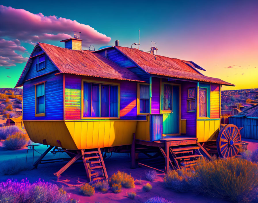 Colorful Mobile Home with Wooden Staircase in Sunset Scene