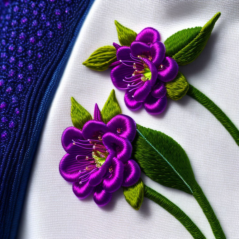 Purple Flower Embroidery on White Fabric with Beaded Blue Textile