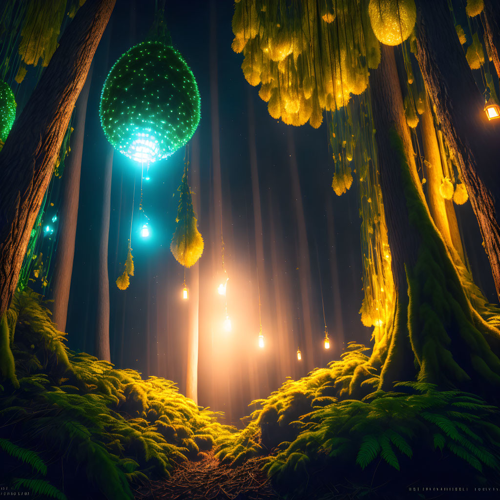 Mystical forest scene with towering trees and glowing orbs