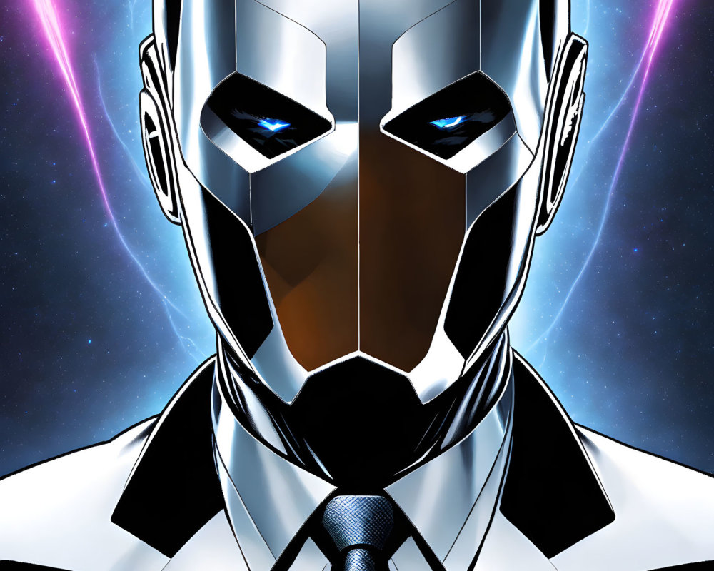 Detailed illustration: humanoid figure in futuristic helmet with glowing blue eyes on cosmic backdrop