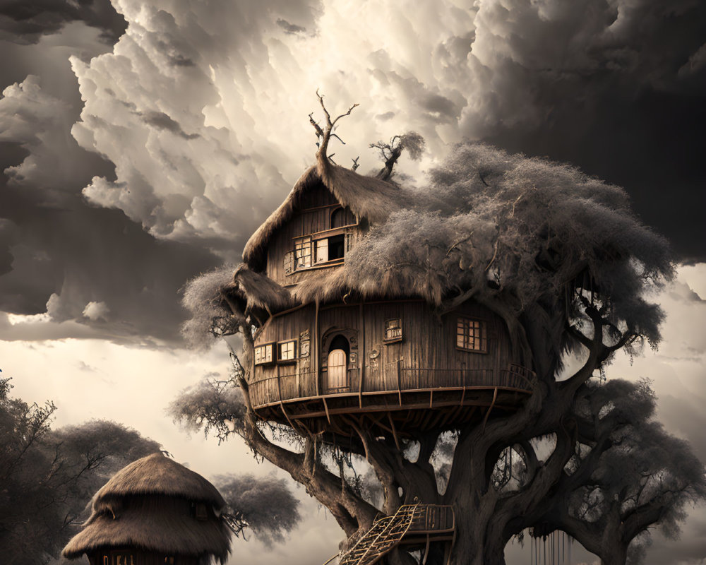 Whimsical treehouse in gnarled tree under dramatic sky