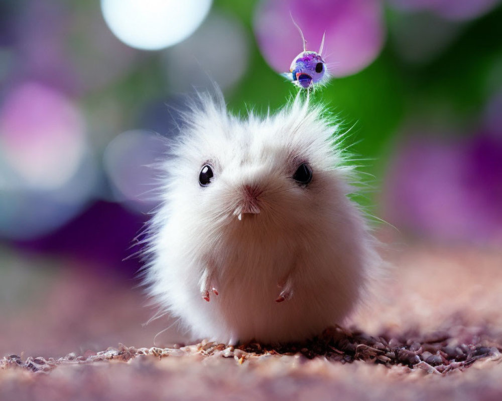 Fluffy white creature with tiny purple companion in soft, bokeh setting
