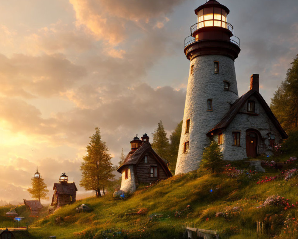 Tranquil sunset landscape with traditional lighthouse, cottages, and flowers