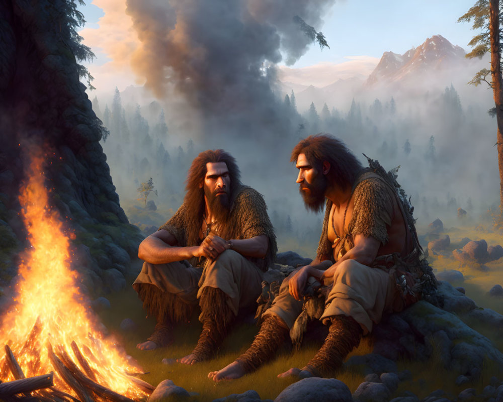 Prehistoric men in fur clothing by campfire in forest at dusk