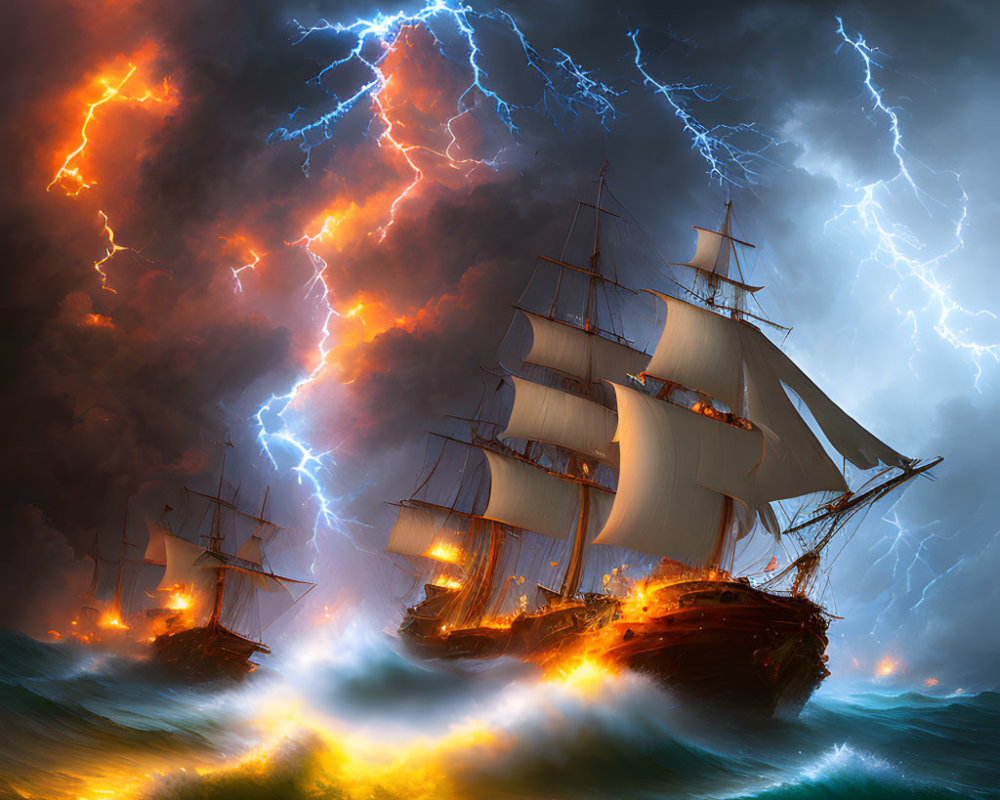 Dramatic storm with sailing ships and intense lightning