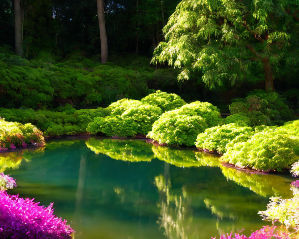 Tranquil pond with lush greenery and purple flowers reflecting in water
