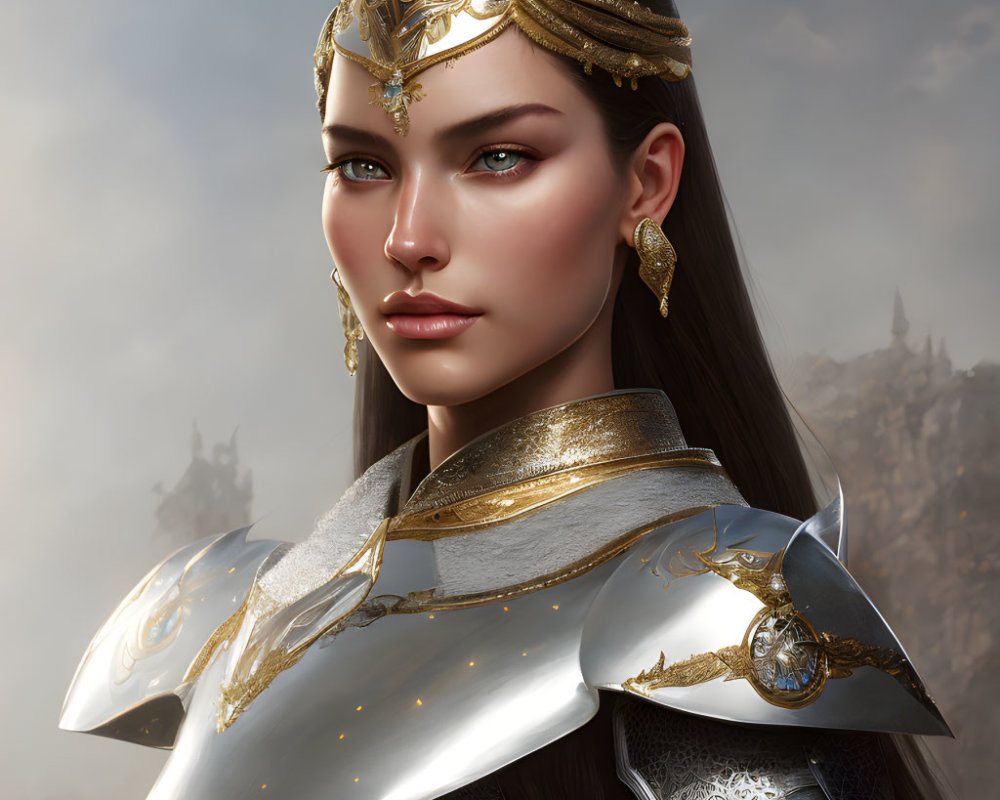 Digital portrait of a woman in silver and gold armor with intricate headpiece, set against misty castle