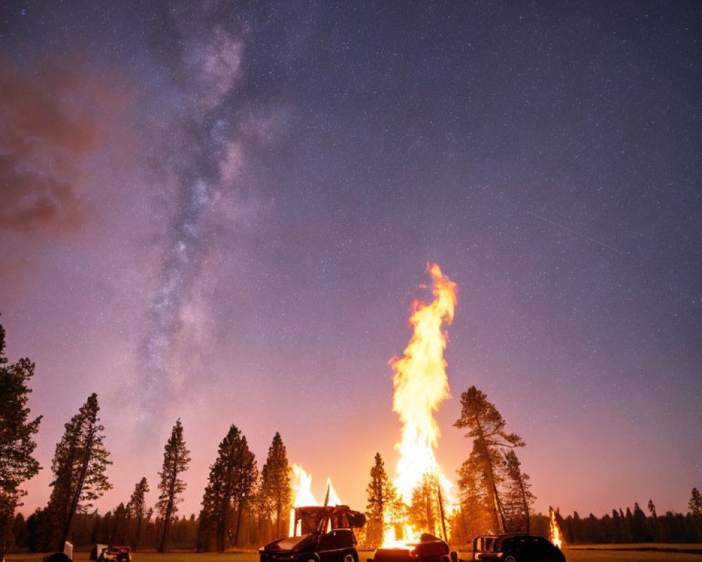 Bonfire and Vehicles Under Starry Sky with Silhouetted Trees