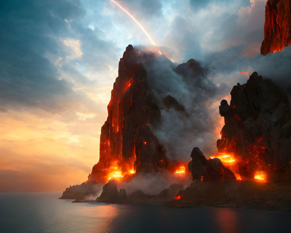 Fiery volcanic eruption near ocean under pinkish sky