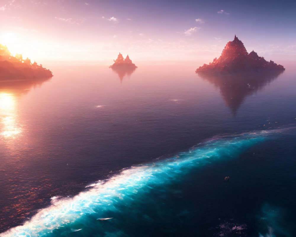 Tranquil seascape with two rocky islands and vibrant sunset sky