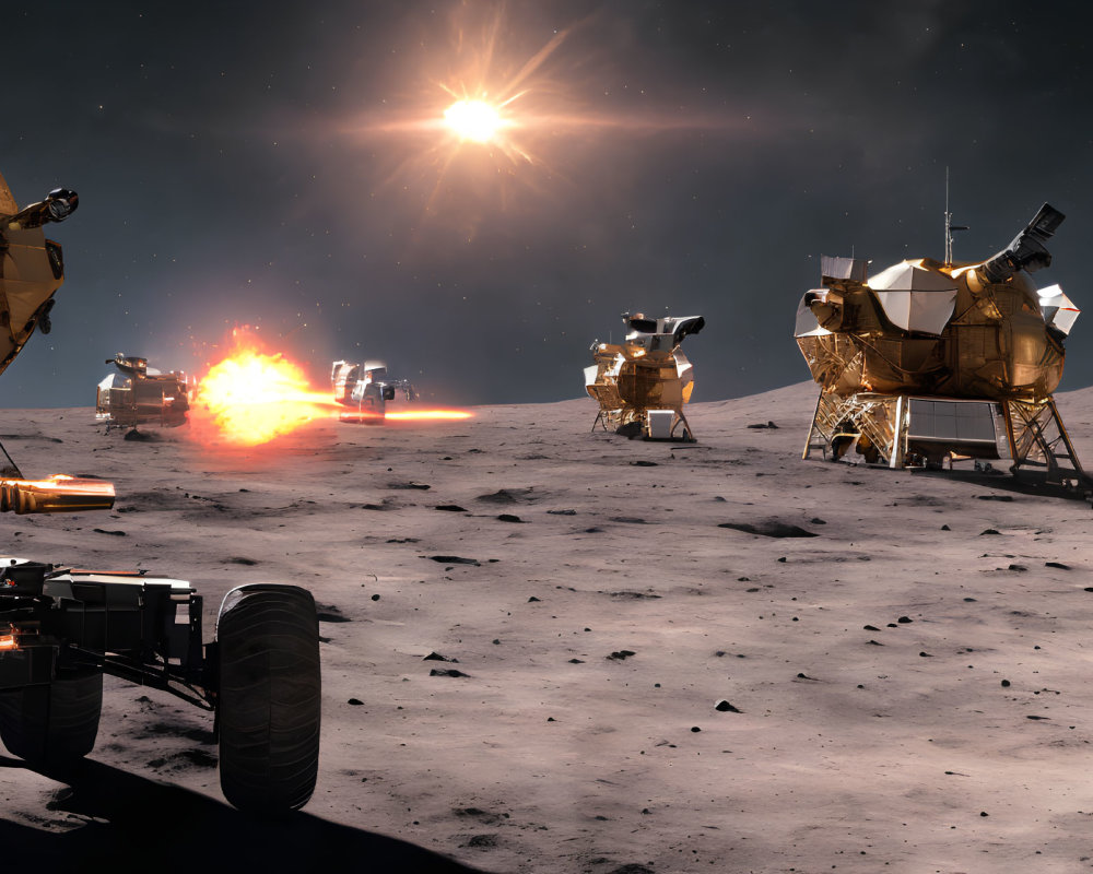 Multiple landers and rovers on lunar landscape with bright explosion under starry sky