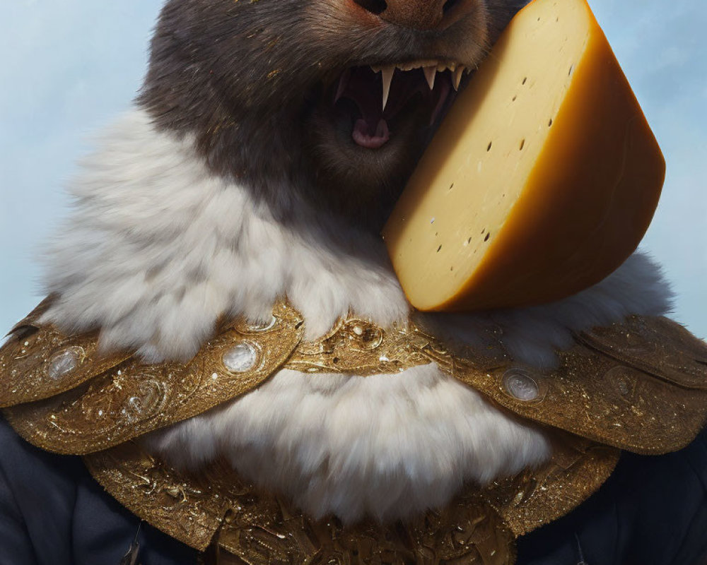 Majestic capybara in golden armor with cheese on sky-blue background