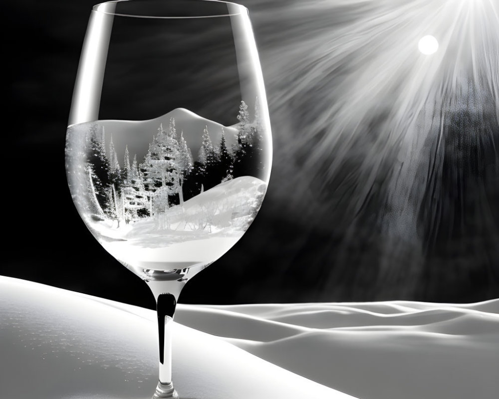 Snowy Landscape and Pine Trees Reflected in Wine Glass