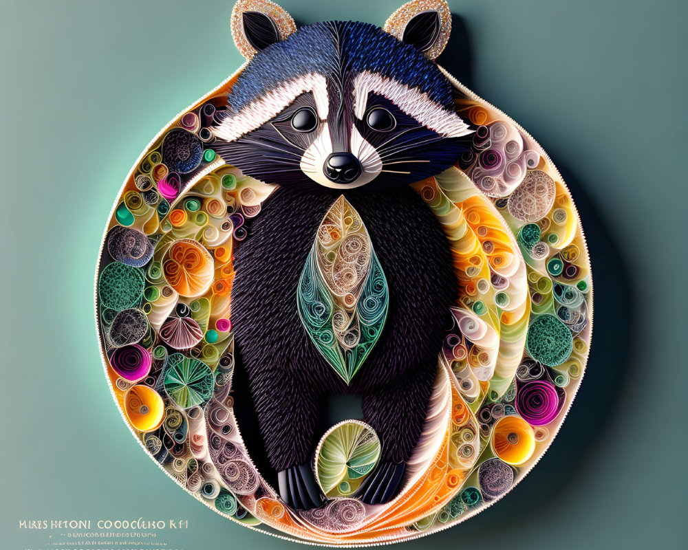 Vibrant Quilled Raccoon Artwork with Spirals in Circular Frame