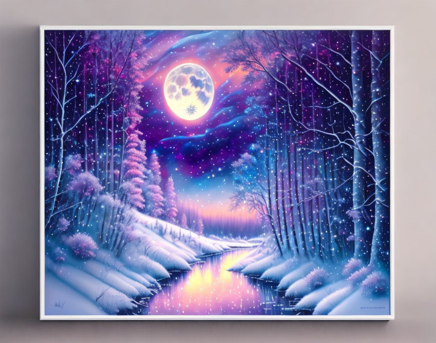 Snowy Night Landscape Painting with Full Moon and Luminous River Displayed
