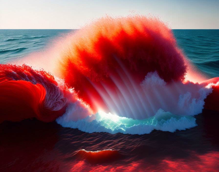 Vibrant red crest wave contrasts with blue ocean