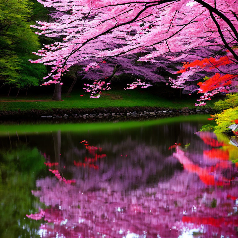 Lush Cherry Blossoms Reflecting on Tranquil Pond