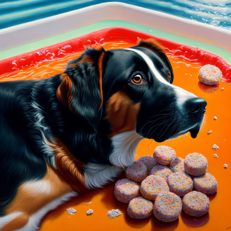 Black and white dog with brown markings in bath with orange water and colorful bath bombs
