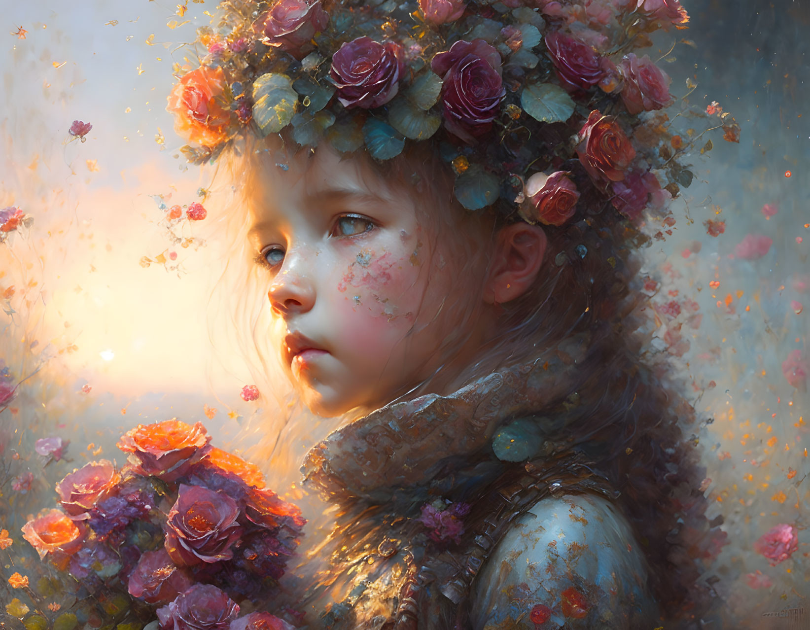 Young girl with floral crown surrounded by floating rose petals