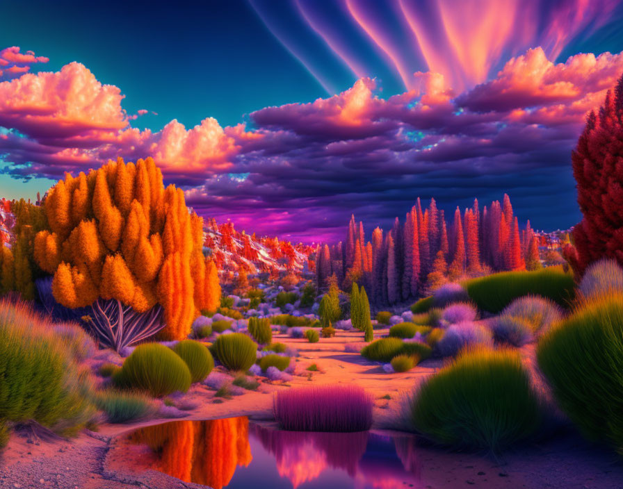 Colorful surreal landscape with reflective water and radiant sky