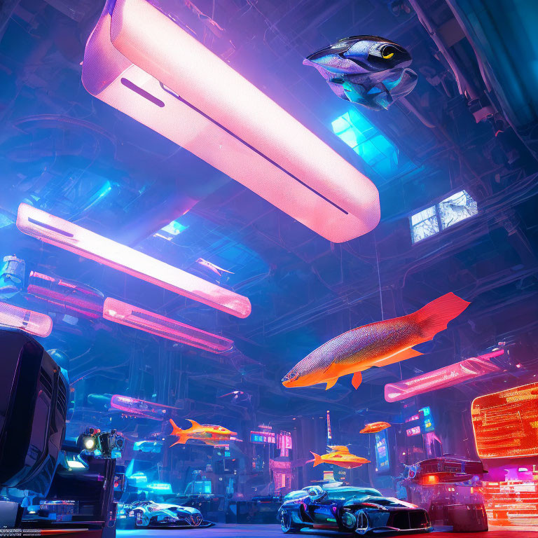 Futuristic cyberpunk cityscape with neon lights and flying fish