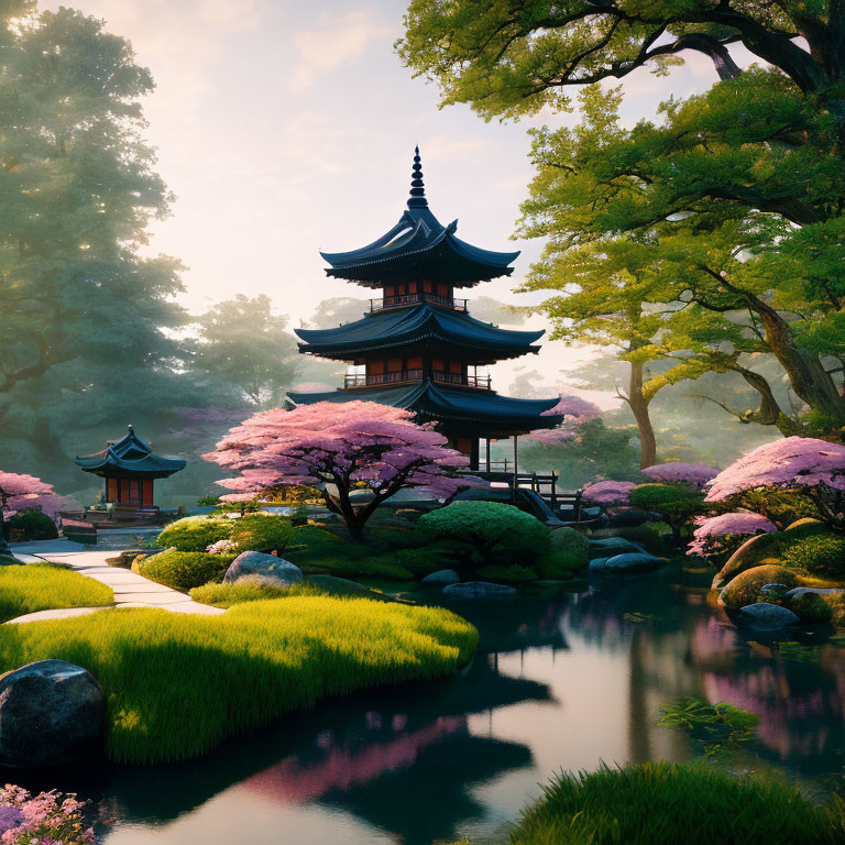 Japanese Garden at Sunrise with Pagoda, Cherry Blossoms, Pond, and Greenery