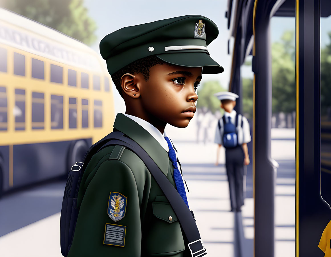 Child in green uniform beside school bus with another uniformed person.