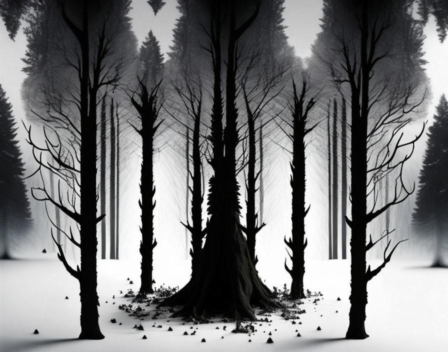 Symmetrical black and white forest scene with central tree and foggy background