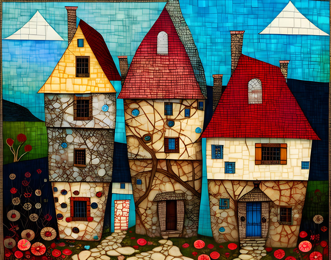 Whimsical painting of three patterned houses on blue background