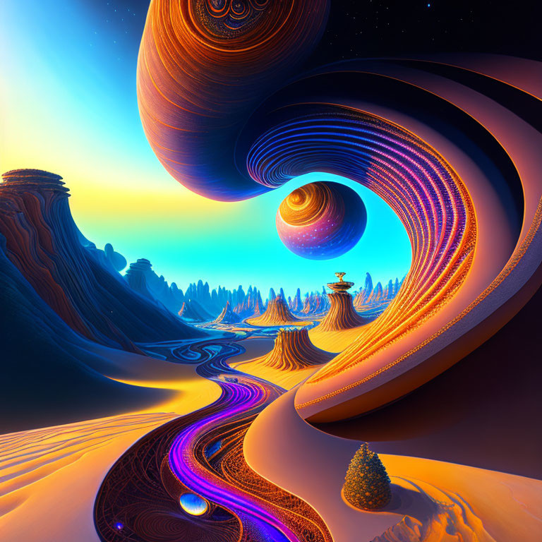 Surreal landscape with oversized planets and lone tree