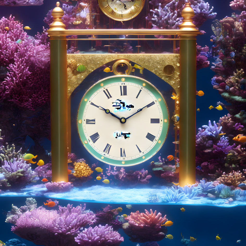 Golden clock in vibrant underwater scene with corals and fish.