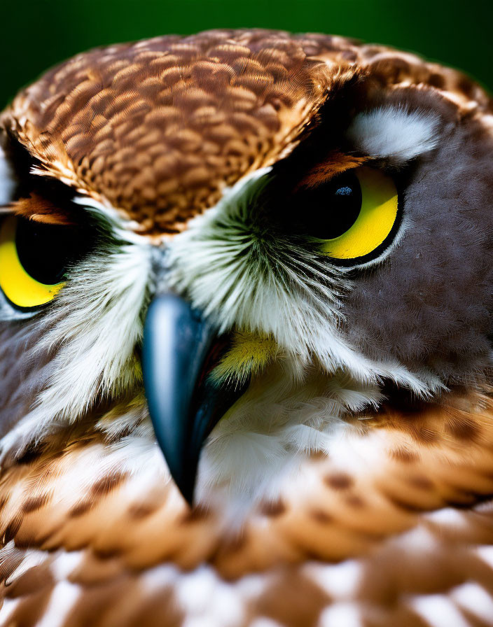 Brown and White Owl with Yellow Eyes and Sharp Beak on Green Background